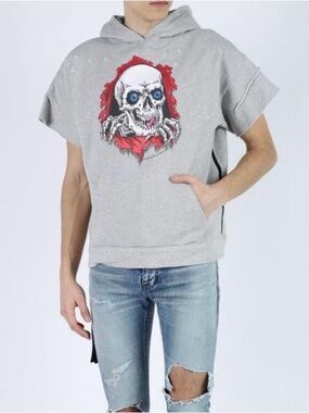 Ben Taverniti brand NEW gray Hooded distressed Sweatshirt with Skull Graphic